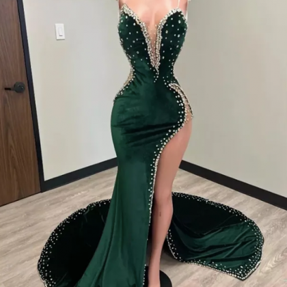 Hunter Green Velvet Prom Dresses Evening Dress..