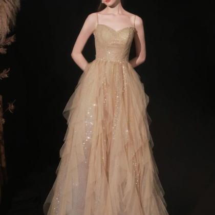 Scoop Ball Gown Champagne Sequins Tulle Prom Dresses LBQ1903 main image 1