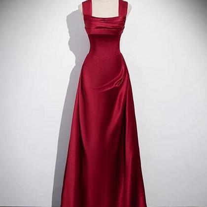 A-line Wine Red Sleeveless Satin Evening Dresses