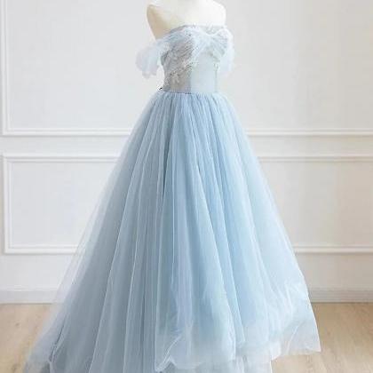 High Low Light Blue Tulle Prom Dresses