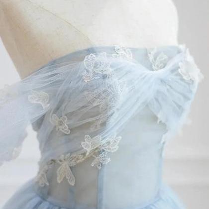 High Low Light Blue Tulle Prom Dresses