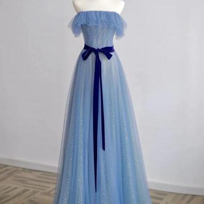 A-line Strapless Blue Tulle Scoop Long Prom..