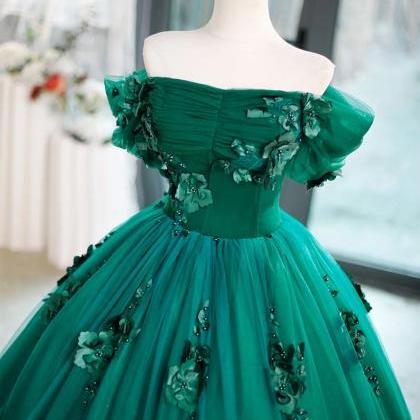 Off Shoulder Green Tulle Long Formal Dress With..