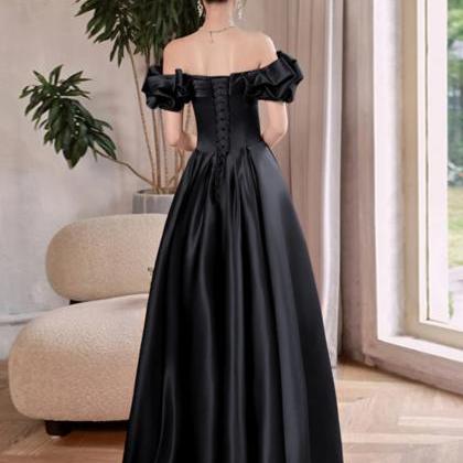 Off Shoulder Black Satin Long Prom Dress, Long Black Formal Graduation Evening Dress Y201