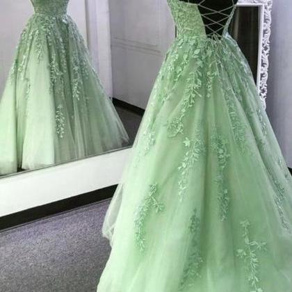Mermaid Sage Green Straps Tulle Long Prom Dress..