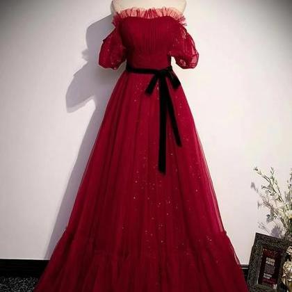 Off Shoulder Shiny Wine Red Tulle Long Prom Dress