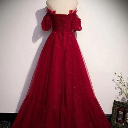 Off Shoulder Shiny Wine Red Tulle Long Prom Dress