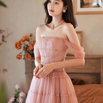 Off Shoulder Pink Tulle Floor Length Long Party..