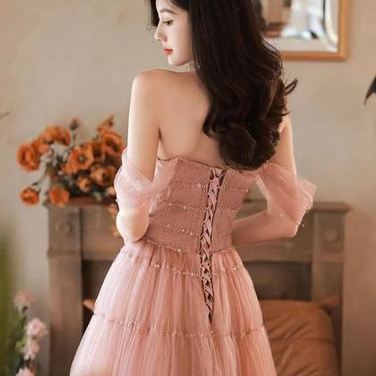 Off Shoulder Pink Tulle Floor Length Long Party..