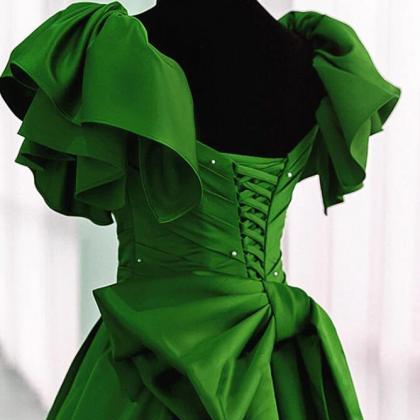 Short Sleeves Green Satin Long Party Dress