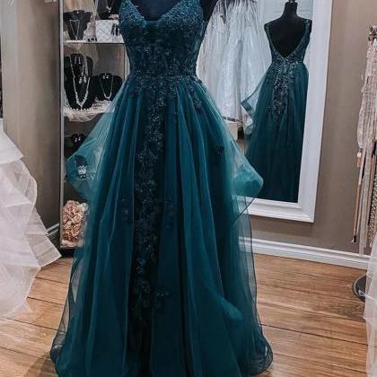Teal Blue Tulle V-neckline Long Party Dress With..