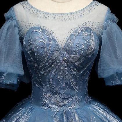 Princess Blue Ball Gown Short Sleeves Tulle Sequin..