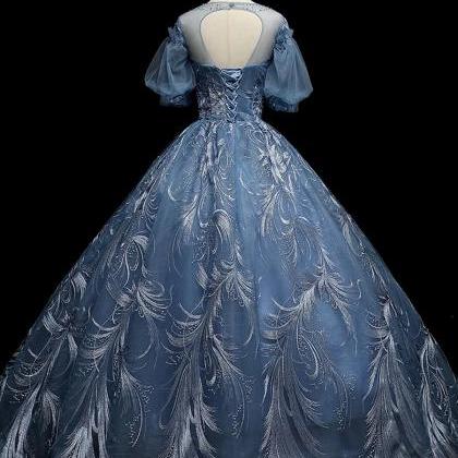 Princess Blue Ball Gown Short Sleeves Tulle Sequin..