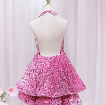 Halter Backless Pink Sequins Short Homecoming..