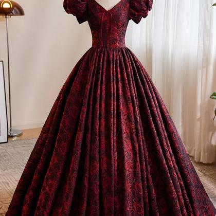 Regal Burgundy Brocade Ball Gown With Puff Sleeves