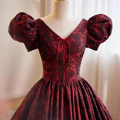 Regal Burgundy Brocade Ball Gown With Puff Sleeves