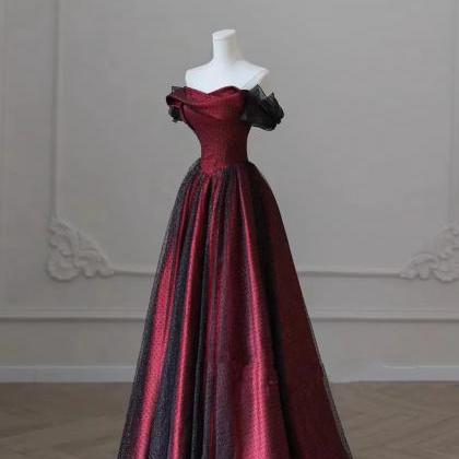 Off Shoulder A-line Black And Red Tulle Long Prom..