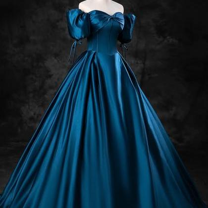 Blue Satin Beaded Short Sleeves Long Wedding Party Dress, Blue Satin Long Party Dress