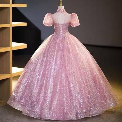 Shiny Princess Sweet Pink Sequin Lace Ball Gown..