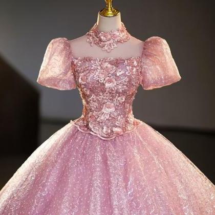 Shiny Princess Sweet Pink Sequin Lace Ball Gown..
