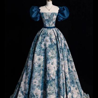 Off The Shoulder Blue Printed Long A-line Prom..