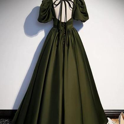 A-line Dark Green Satin Long Prom Dresses