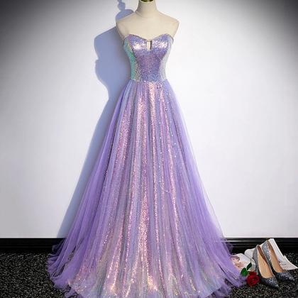 Strapless A-line Purple Sequins Long Prom Dresses