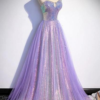 Strapless A-line Purple Sequins Long Prom Dresses