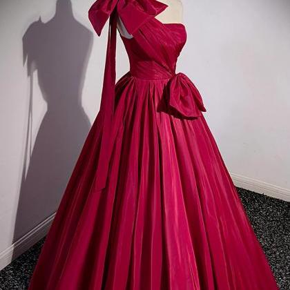 One Shoulder Burgundy Satin Long Prom Dress,..