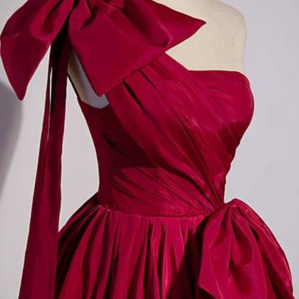 One Shoulder Burgundy Satin Long Prom Dress,..