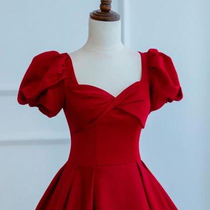 A-line Dark Red Satin Long Prom Dresses