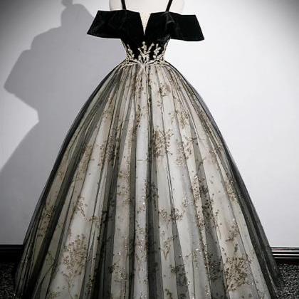 Floor Length Black Velvet Tulle Sequins Prom Dress