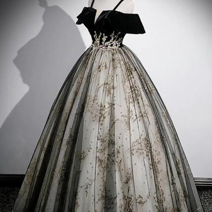 Floor Length Black Velvet Tulle Sequins Prom Dress
