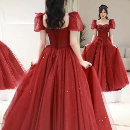 Wine Red Tulle A-line Beaded Long Formal Prom..