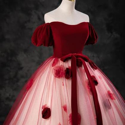 Enchanting Burgundy Off-shoulder Ball Gown With..