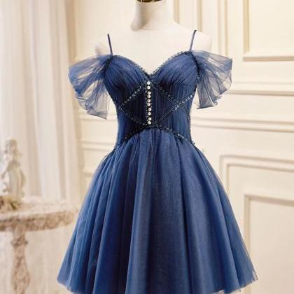 Cute Dark Blue V Neck Tulle Short Homecoming Dress