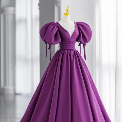 Regal Purple Puff Sleeve Ball Gown
