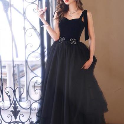 A-line Black Velvet Tulle Long Prom Dress