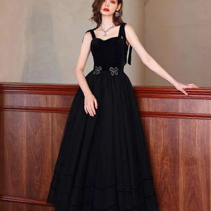 A-line Black Velvet Tulle Long Prom Dress