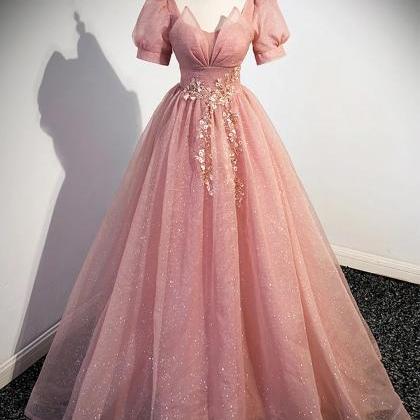 Beautiful A-line Pink Tulle Floor Length Prom..