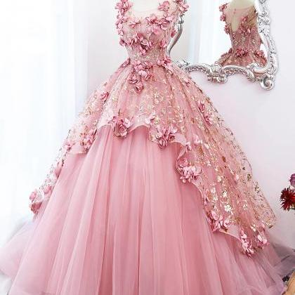 Beautiful A-line Sweet Pink Tulle Long Prom Dress..
