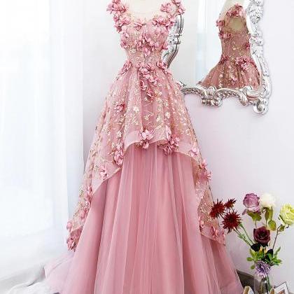 Beautiful A-line Sweet Pink Tulle Long Prom Dress..
