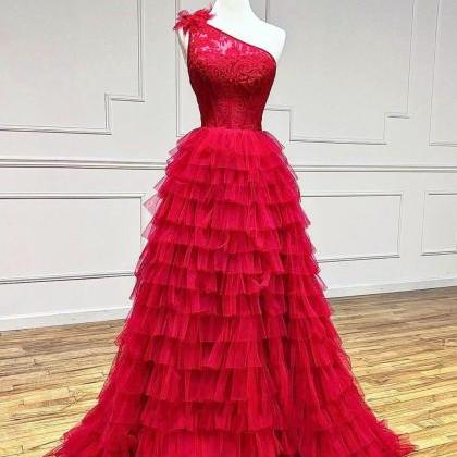 One Shoulder Red Tulle Lace Long Prom Dresses,..