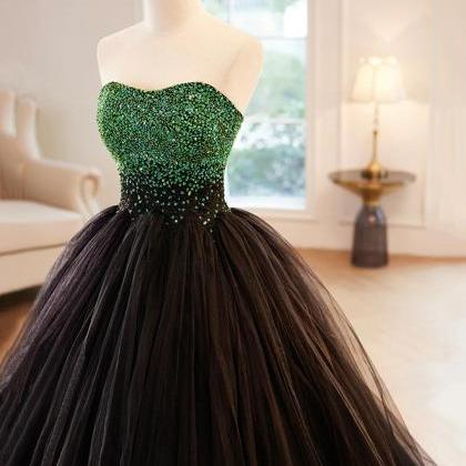A-line Black Strapless Tulle Long Prom Dress With..