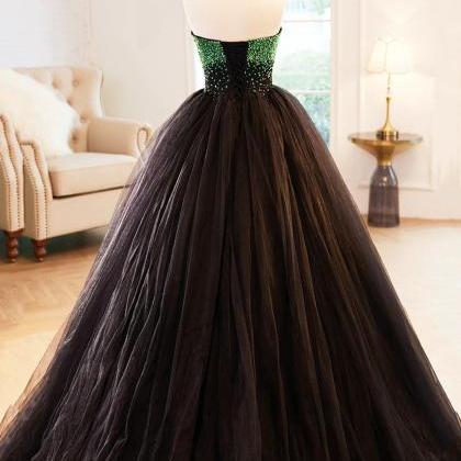 A-line Black Strapless Tulle Long Prom Dress With..