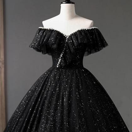 Vintage Off Shoulder Black Tulle Long A-line Prom..