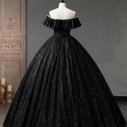 Vintage Off Shoulder Black Tulle Long A-line Prom..