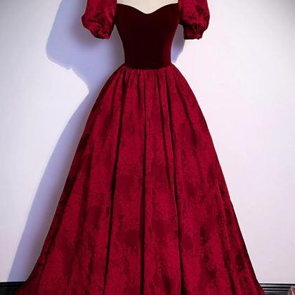 A-line Burgundy Velvet Long Prom Dress With Short..