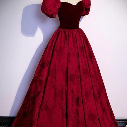 A-line Burgundy Velvet Long Prom Dress With Short..