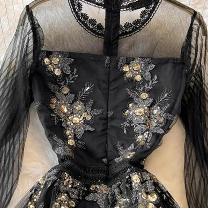 A-line Black Short Sequins Tulle Fashion Dresses